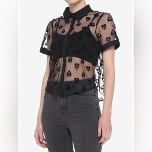 Black Flocked Planchette Sheer Girls Button-Up. Size XS New Hot Topic